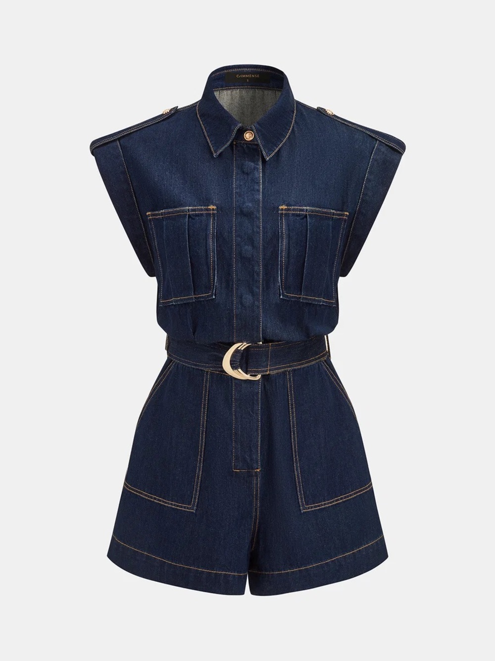 COMMENSE Belted Epaulet Denim Sleeveless Romper